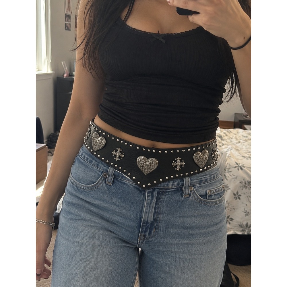 Womens Black Faux Leather Wide Waist Belt Studded Hearts Crosses V-Shape Snaps